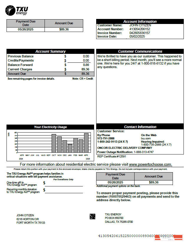USA TXU Energy utility bill template in Word and PDF formats, version 6